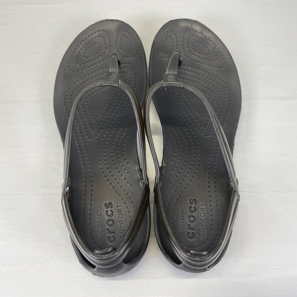 Crocs Isabella T-Strap Jelly Sandals Womens Size 7 Black Thong Slip On Shoes - Picture 6 of 9